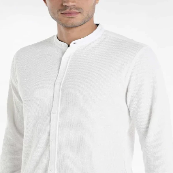 Solid Knit Shirt with Mandarin Collar and Long Sleeves